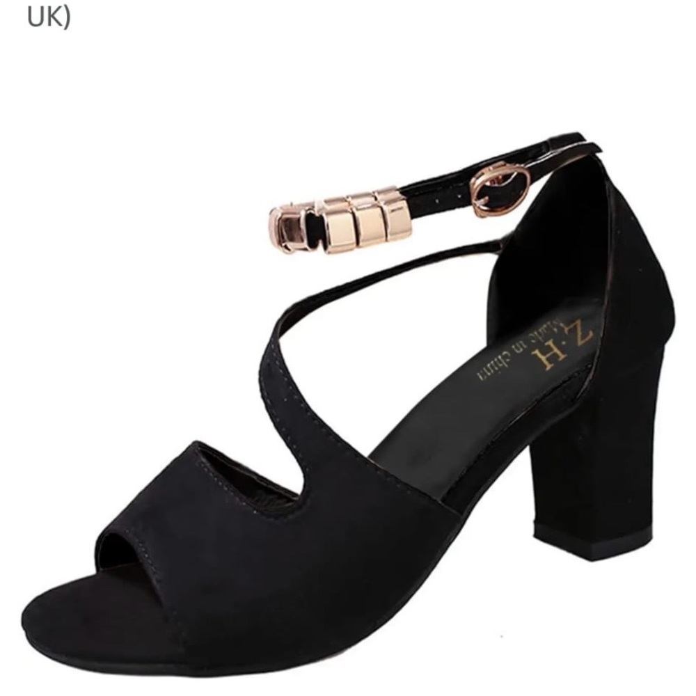 Black Block Heel Sandals with Ankle Strap